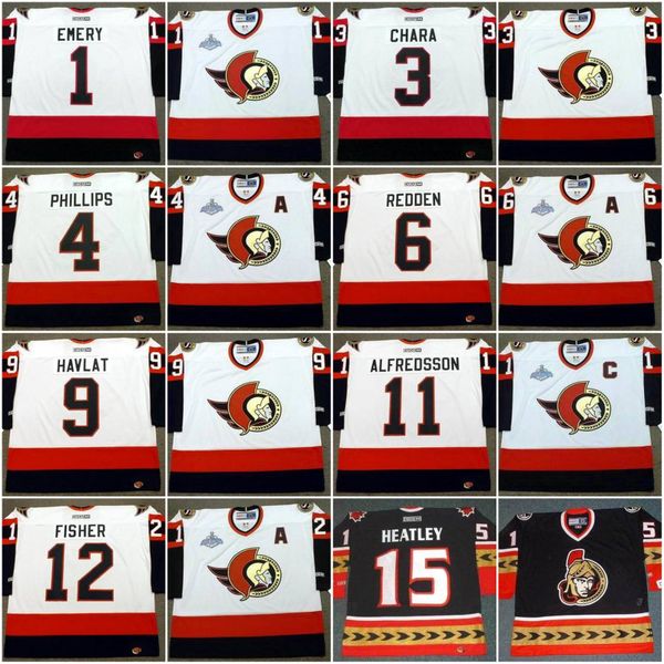 

Ottawa enator jer ey 1 daniel alfred on 2007 1 ray emery 3 zdeno chara 4 chri phillip 6 wade redden vintage old ccm hockey jer ey, Black;red