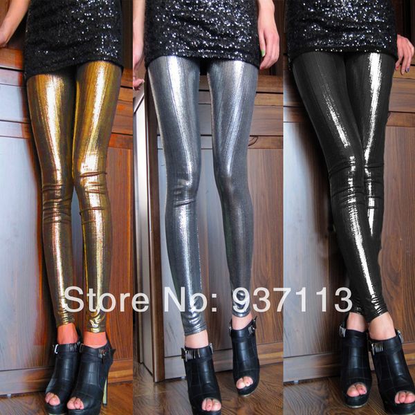

wholesale- new arrival women shiny metallic leggings pants faux leather stretchy leggings punk stylish nightclub pants, Black