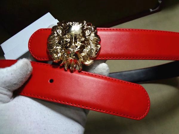 

mens jeans designer genuine leather belts with gold lion head metal belt buckles for men women gift, Black;brown