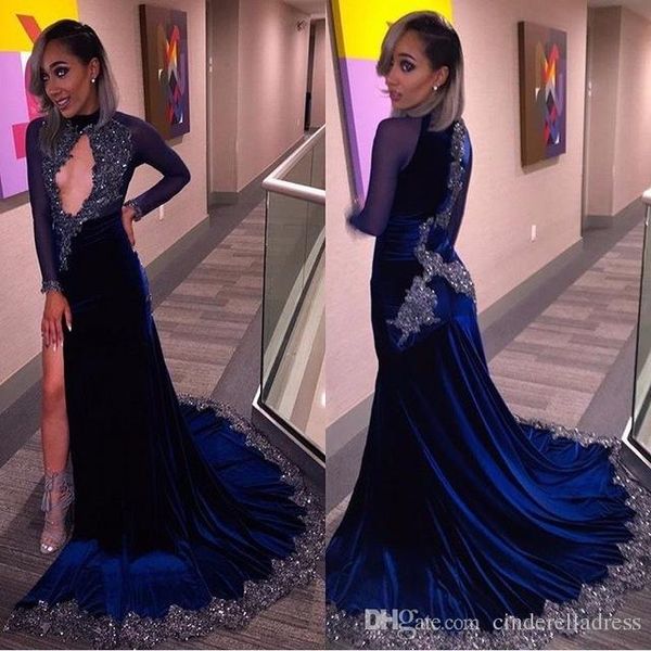 

2017 navy blue velvet vintage mermaid prom dresses high neck keyhole beads black girl formal evening dress party gown pageant dress