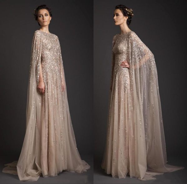 Abiti Krikor Jabotian Abiti da sera con avvolgenti Perline champagne Abiti da ballo con paillettes A Line Abito da festa formale su misura