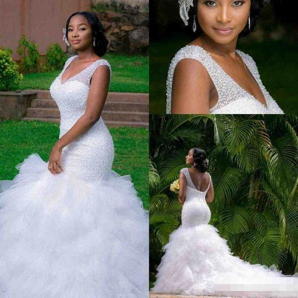 

bling kaftan dubai wedding dresses mermaid ruffles backless beaded 2019 modest arabic plus size bridal gowns nigerian african bhldn, White