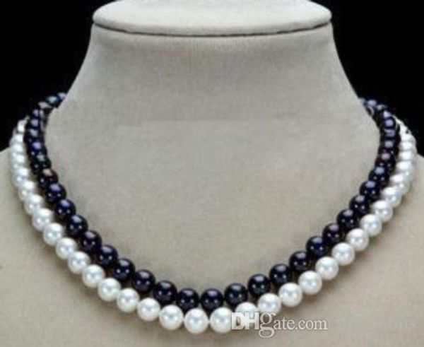 

2 row 7-8mm black white natural pearl necklace 17-18'', Silver