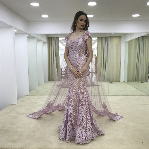 

lavender mermaid formal dresses evening wear with cape v-neck beaded evening gowns floor length lace appliques tulle prom dress, Black;red