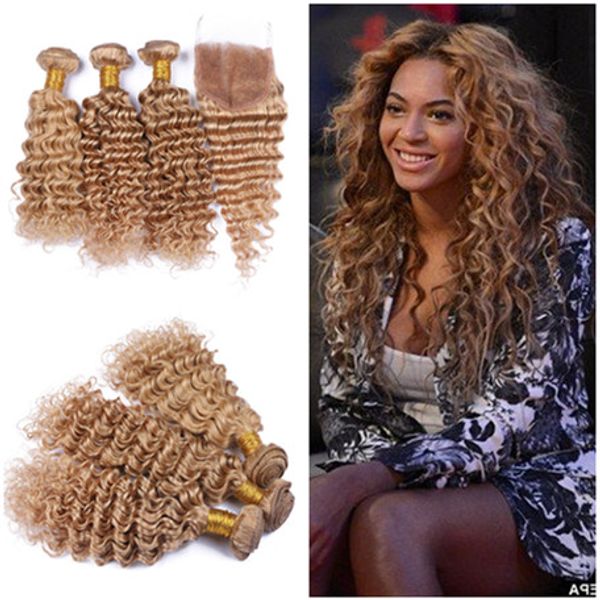 Brazilian Honey Blonde Virgin Human Hair Bundles With Lace Closure