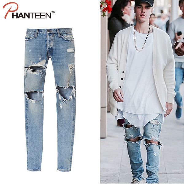 Wholesale-Kanye West Justin Bieber Fear Of God Men Jeans Washed Ripped Casual Jeans Street Style Side Zipper Fashion Man Brand Jeans