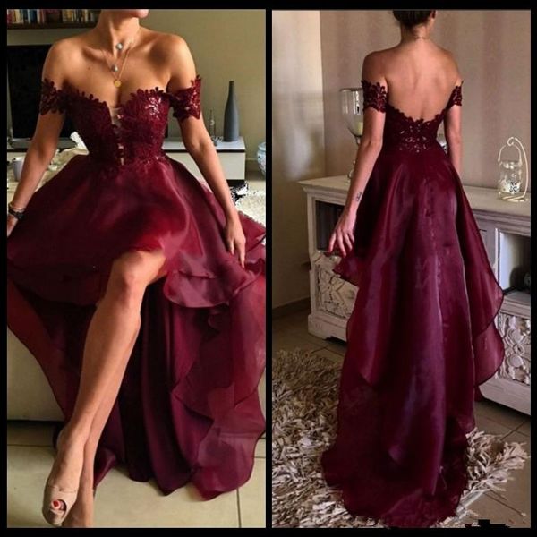 

high low burgundy prom dresses 2019 new custom ruffled backless organza off-the-shoulder lace formal evening party gowns p262, Black