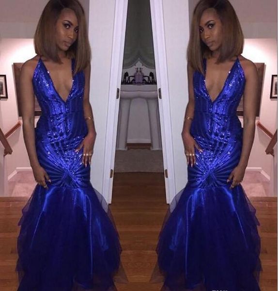 

plunging v neck halter sequined prom dresses 2017 royal blue mermaid tulle long backless evening gowns sparkly formal party wear, Black;red