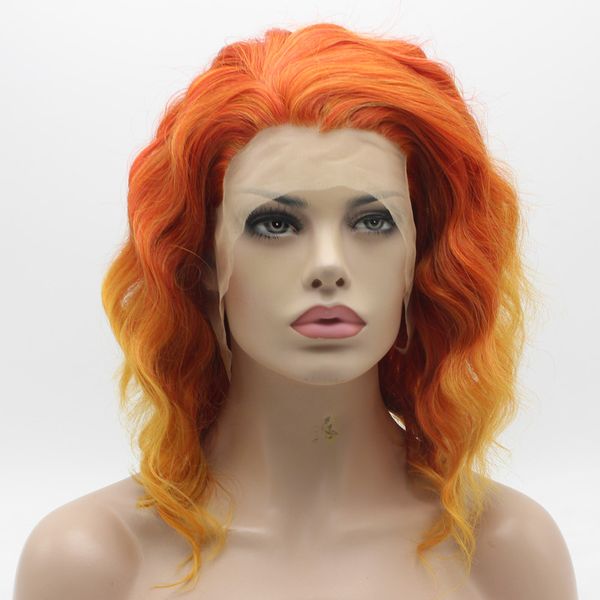 

Iwona Hair Natural Wavy Medium Long Orange Root Golden Ombre Wig 17#130 Half Hand Tied Heat Resistant Synthetic Lace Front Wig