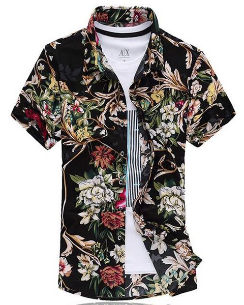 

wholesale- shirt  - 7xl 2015 summer style short sleeve shirt men silk cotton floral print men's shirts plus size camisas hombres, White;black