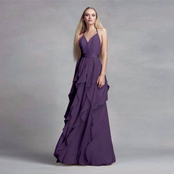 2021 новый! Шифон фиолетовый Halter Deckline платье подружки невесты с каскадной юбкой VW360326 свадебные вечеринки вечеринки вечернее платья