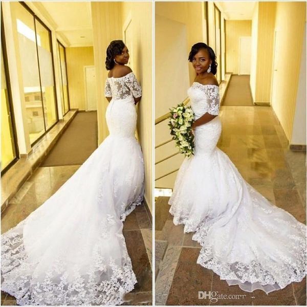 

lace mermaid wedding dresses off shoulder appliqued lace wedding gowns chapel train half long sleeve vestidos de novia bridal gown, White