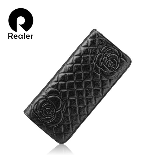 

wholesale- realer brand fashion women purses and handbags flower plaid embossed wallet female genuine leather purse zipper long wallet, Red;black