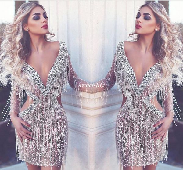 

New luxury audi arabia hort cocktail dre e cry tal deep v neck backle illu ion long leeve club wear party gown prom dre