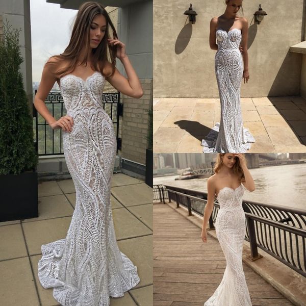 

2019 berta mermaid wedding dresses lace appliqued sweetheart backless bridal gowns sweep train beach wedding dress, White