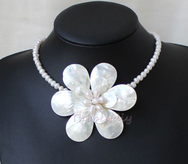 

handmade natural fw pearl shell flower necklace statement necklace, Silver