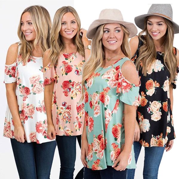

Casual Slim Summer Ladies Loose Flower Floral Print Short Sleeved Open Cold Shoulder Crew Neck Jumper Tops O-Neck Blouse T-Shirt Shirt Tee