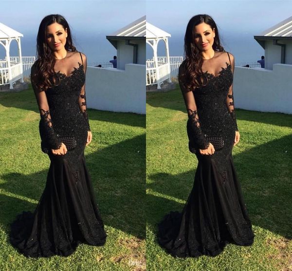 

2017 black long sleeve arabic mermaid dresses evening wear lace appliqued beaded sheer jewel neckline evening gowns sweep train prom dress, Black;red