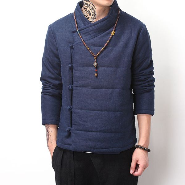 

wholesale- chinese style vintage winter coat men wadded jacket buddhism outerwear oblique placket buttons parka khaki blue black color, Black;brown