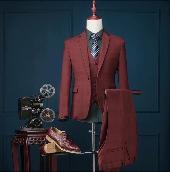 

wholesale- (jacket+pants+vest)2017 brand fashion wine red men suits blazer slim grid prom groom wedding dress singer stage clothing, White;black