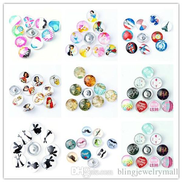 

random mix colors style snap buttons beads 18mm print glass cabochon fit diy snap bracelets&bangles jewelry