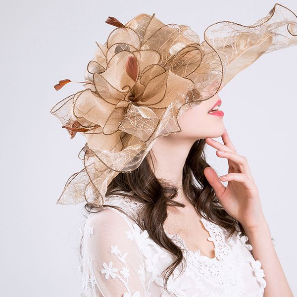 

european styles elegant fine gauze large brim hat party church wedding hats fashion hat sun hats 6 colors, Blue;gray