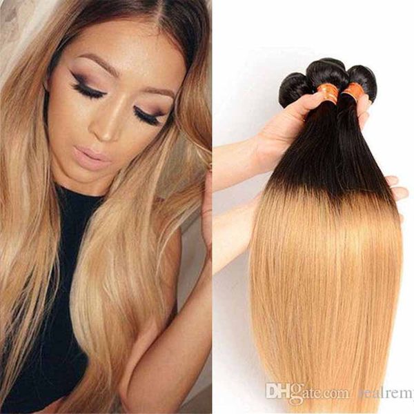 PASSION Ombre-Haarverlängerungen, brasilianisches, malaysisches, peruanisches, glattes, reines Haar, 3 Bündel, zweifarbig, 1B27 Ombre Blondes Echthaar, 3139851