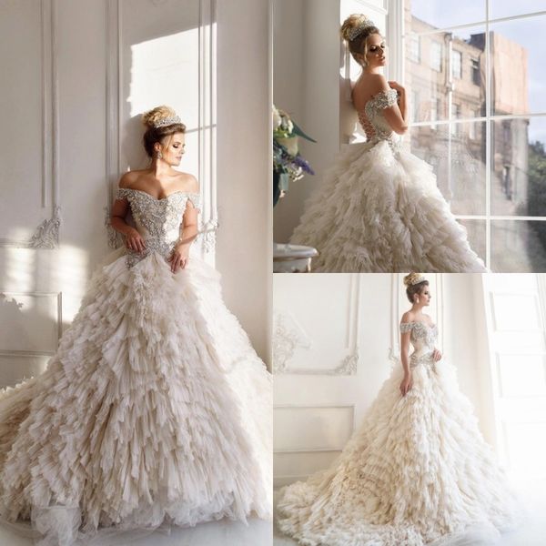 

off shoulder luxury crystals pearls country wedding dress sweep train dubai arabic ball gowns lace-up custom made bohemian bridal dress, White