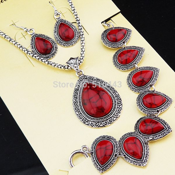 

3pc/set red stone jewelry antique silver water drop turquoise earrings bracelet necklace women vintage jewelry set party wedding