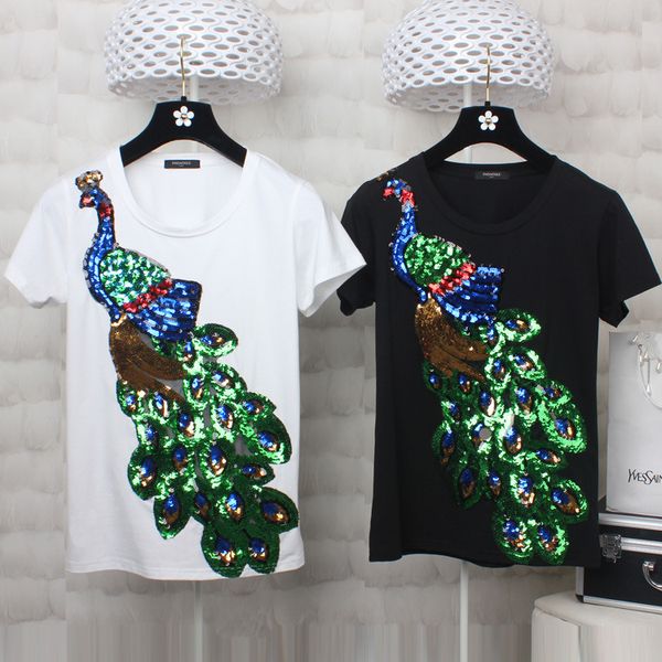 

designer peacock sequins t shirt women 2017 brand round neck short sleeve embroidered white casual black shirts plus size 2xl 3xl 4xl