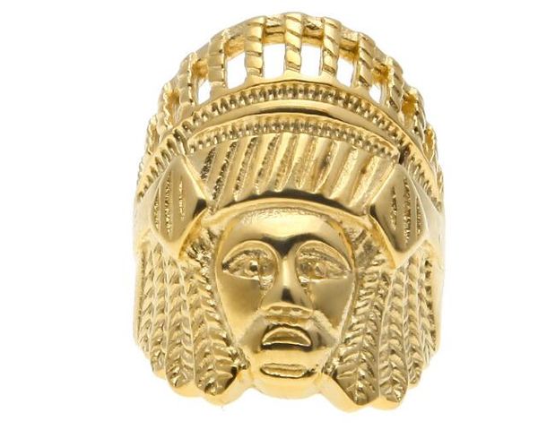 

alloy men vintage stainless steel ring hip hop punk style gold color ancient maya tribal indian chief head rings jewelry, Golden;silver