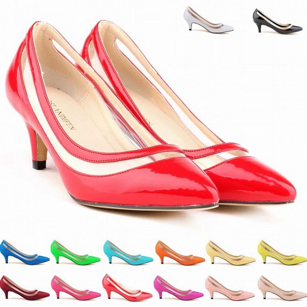 Sexy Pointed Toe Salto Média Mulheres Bombas Shoes Novo Design Menos Platform Pumps 11 cores