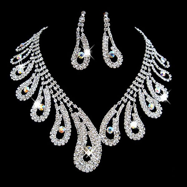 

fashion rhinestones bridal jewelry sets silver crystals wedding necklaces and earrings for bride prom evening party accessories, White