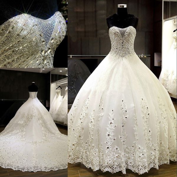 Vestidos de casamento de luxo vestidos de bola vestidos de noiva strapless sem mangas bling cristais laço apliques lantejoulas tulle buffy vestidos nupciais