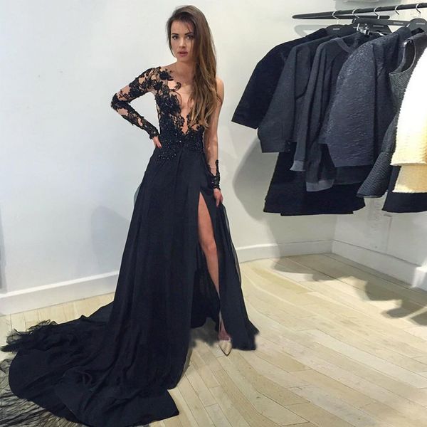 Moda Seksi Abiye Akşam Aşınma Siyah Illusion En Asimetrik Uzun Kollu Balo elbise Dantel Aplikler Yüksek Bölünmüş Custom Made