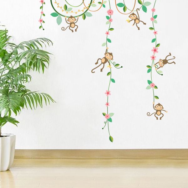 Cartoon Monkey Climbing Flower Vine Wall Decals Kids Room Nursery Wall Decor Wallpaper Poster Boys Girls Room Infant Wall Stickers Wall Stickers Cheap