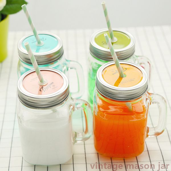 

wholesale- glass cup ice cream fruit installed water bottles summer cold drink infusion bottle with straw mason jar mug jarras camping 3c