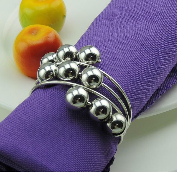 

wholesale- 12pcs silver plated round metal beads napkin ring serviette buckle holder for wedding party banquet dinner decoration favor
