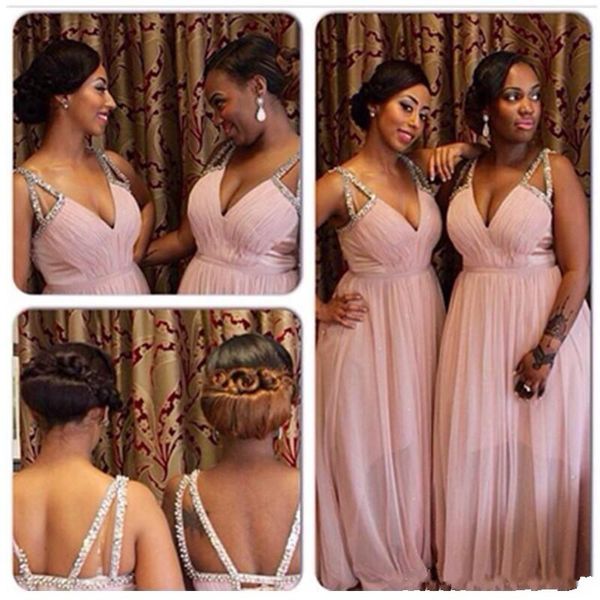 

2017 new deep v neck pleated crystal chiffon long bridesmaid dress beaded plus size prom gown wedding criss cross straps custom made, Blue;red