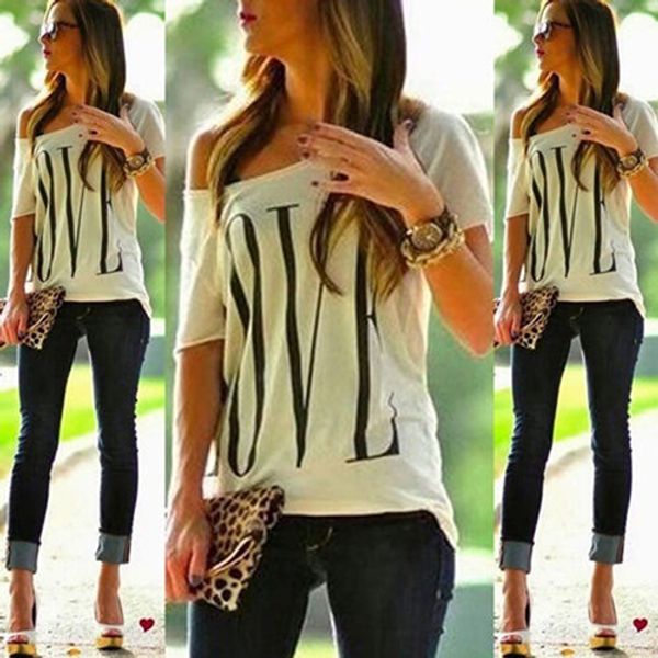 

wholesale- women fashion summer casual off shoulder love letter print loose t-shirt top, White