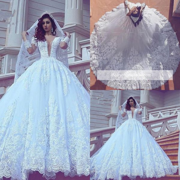

new luxury deep v neck lace a line wedding dresses 2018 sheer illusion long sleeves sweep train wedding bridal gowns arabic, White