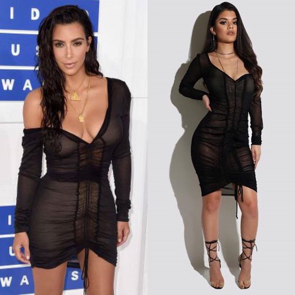 

wholesale- tsuretobe women summer mesh dresses 2017 fashion long sleeve bodycon kim kardashian dress female patchwork club party dress, White;black