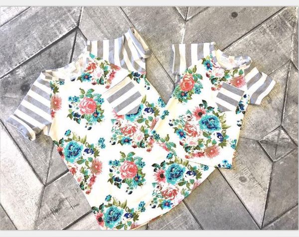 

European Fashion Time-limited 2017 Summer Mother And Daughter Short-sleeved Striped Floral T-shirt Mommy And Me Pocket Top Tees