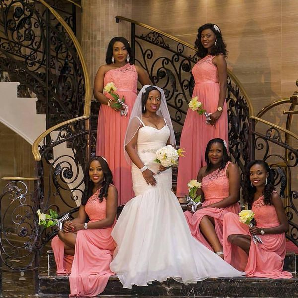 2017 Africa Black Girl Coral Bridesmaid Dresses One Shoulder Floor
