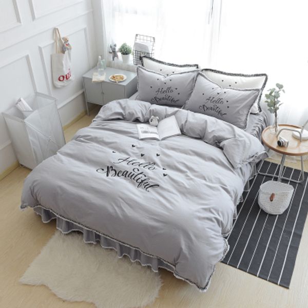 Grey Color Cotton Lace Brief Luxury Bedding Sets Hello Words Boys