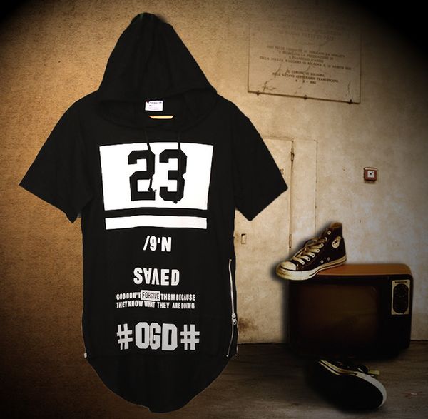 

wholesale- men dark series 23 tee with hat lengthen plus size zipper gothic short cool t shirt hiphop hoody streetboys bboys awesome, White;black