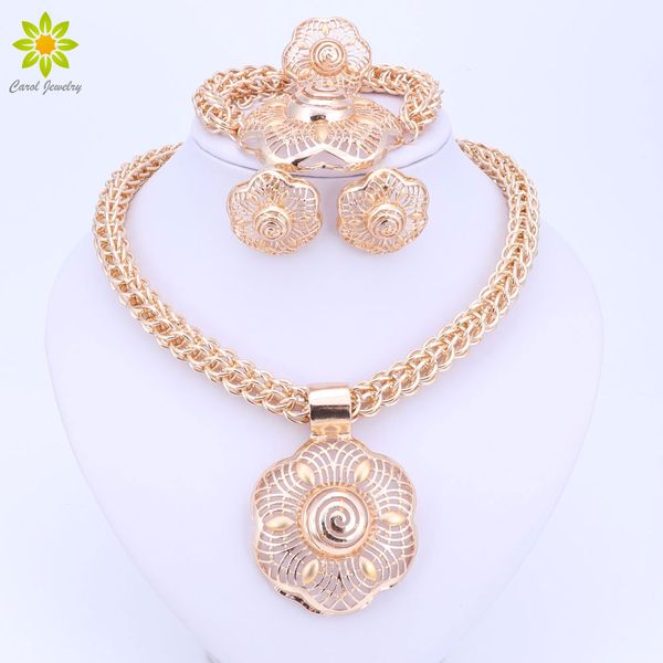 

2017 fashion new big african wedding bridal costume jewelry sets dubai indian gold plated flower pendant necklace sets for women, Slivery;golden
