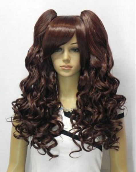 

gt;>new women's dark brown long curly wig + wigs pigtail h103, Black;brown