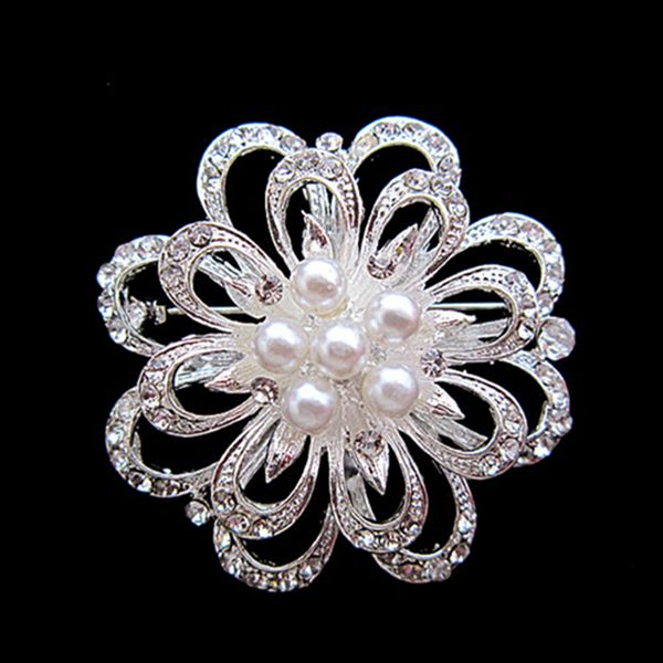 

silver plated rhinestone and pearl flower bouquet brooch, Gray