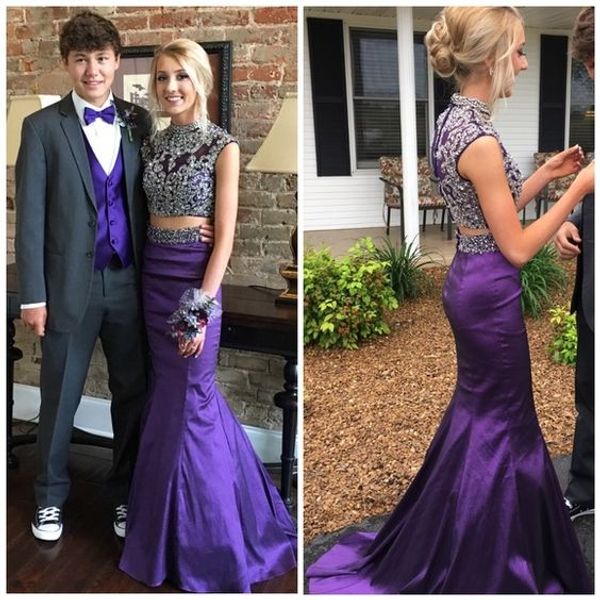 

two piece regency purple mermaid prom dresses high neck crystal beading satin luxury evening gowns 2k17 party dresses sweep train, Black